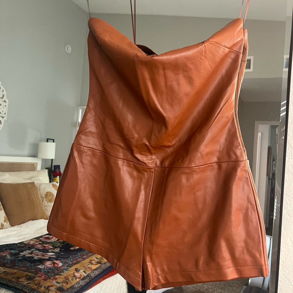 Superdown Women's Leather Romper in Warm Tan